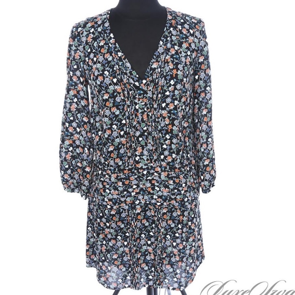 Veronica Beard August Floral Print Silk Boho Dress Black